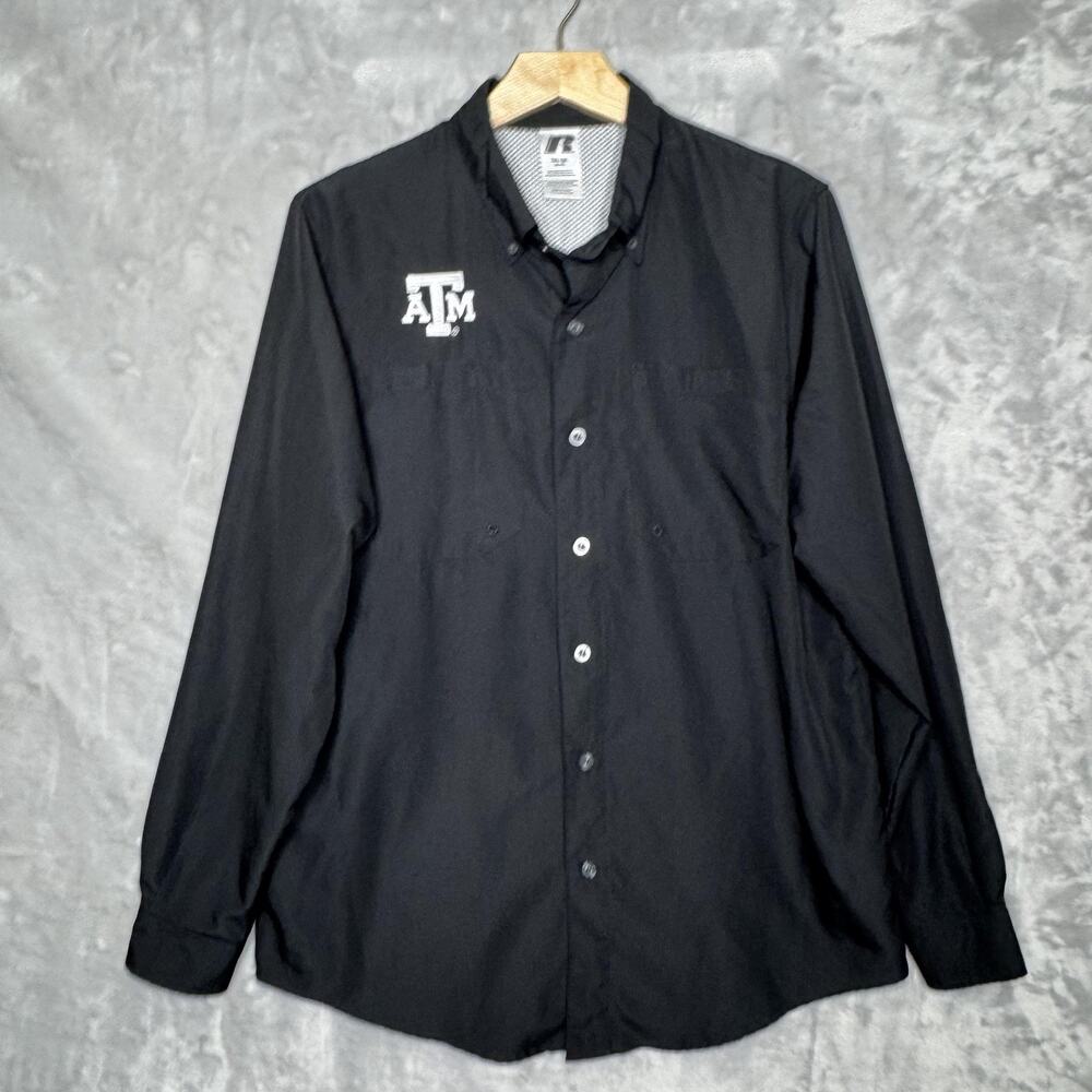 Texas A&M Aggies Shirt Mens Medium Black Russell Long Sleeve Polyester Vented